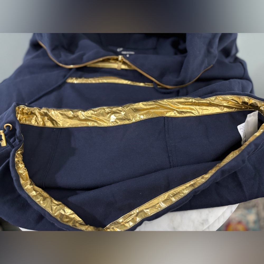 J.Crew Gold Foil Hoodie Navy Metallic Pullover Sweatshirt Size Small - Picture 10 of 16